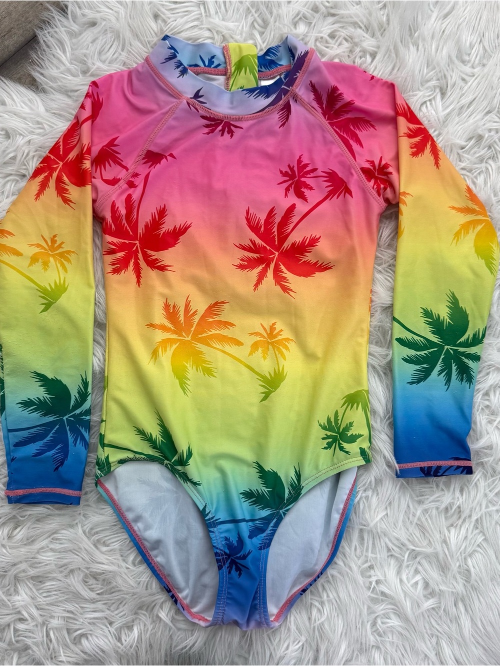 Girls 9/10 Rainbow Palm Tree Long Sleeve Rash Guard One-Piece Swimsuit